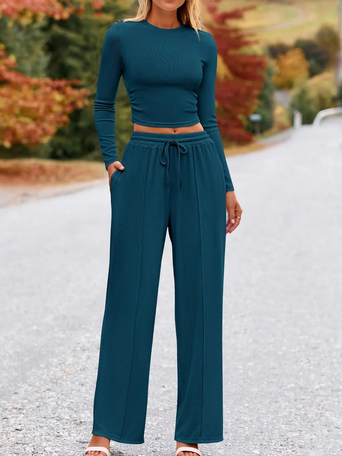 Solid Casual Round Neck Ribbed Knit Long Sleeve Crop T-shirt & Solid Wide Leg Pants, Matching Lounge Set Loungewear