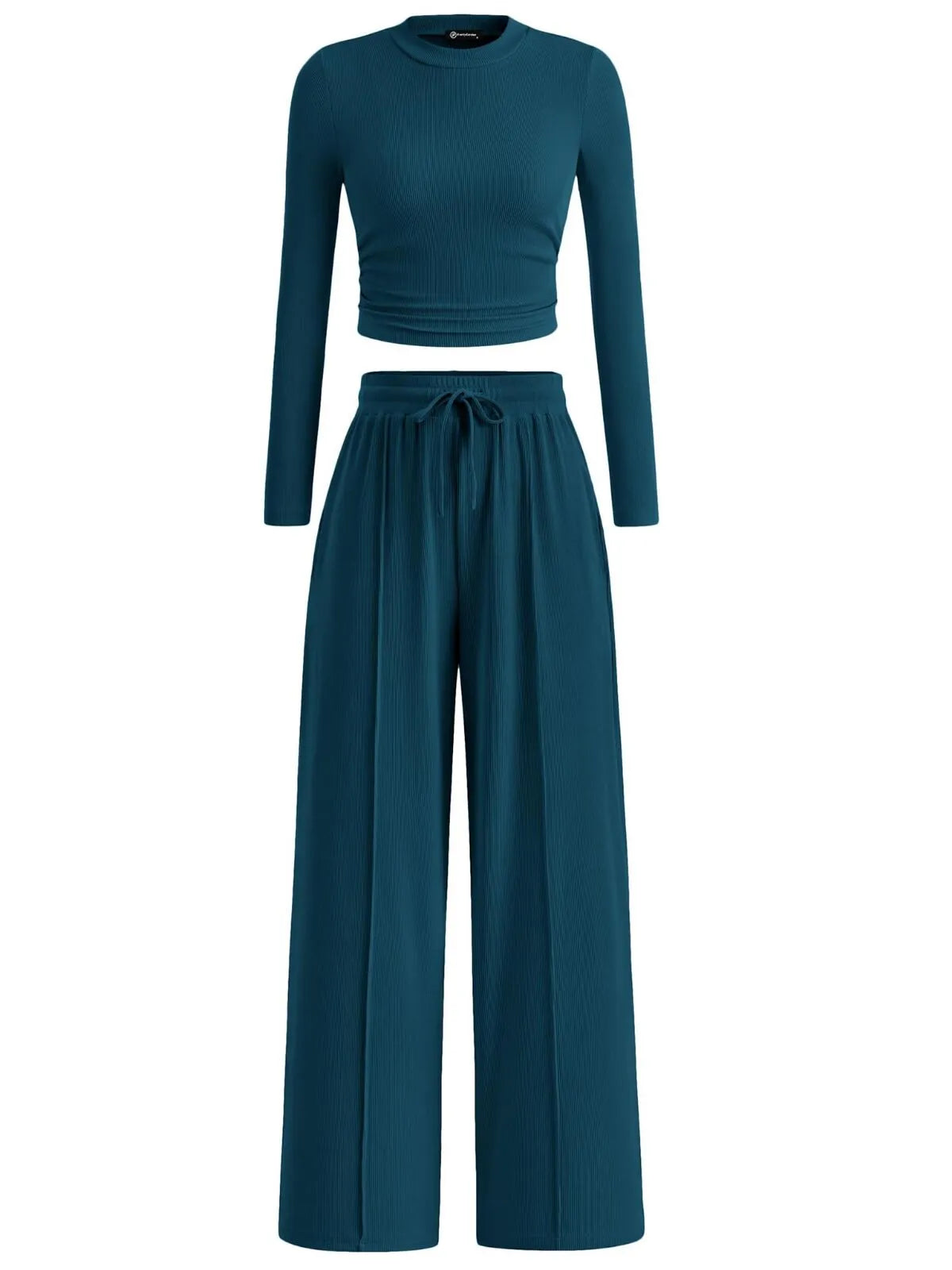 Solid Casual Round Neck Ribbed Knit Long Sleeve Crop T-shirt & Solid Wide Leg Pants, Matching Lounge Set Loungewear