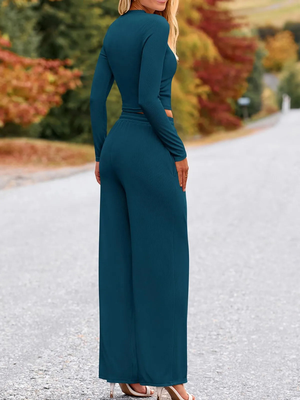 Solid Casual Round Neck Ribbed Knit Long Sleeve Crop T-shirt & Solid Wide Leg Pants, Matching Lounge Set Loungewear