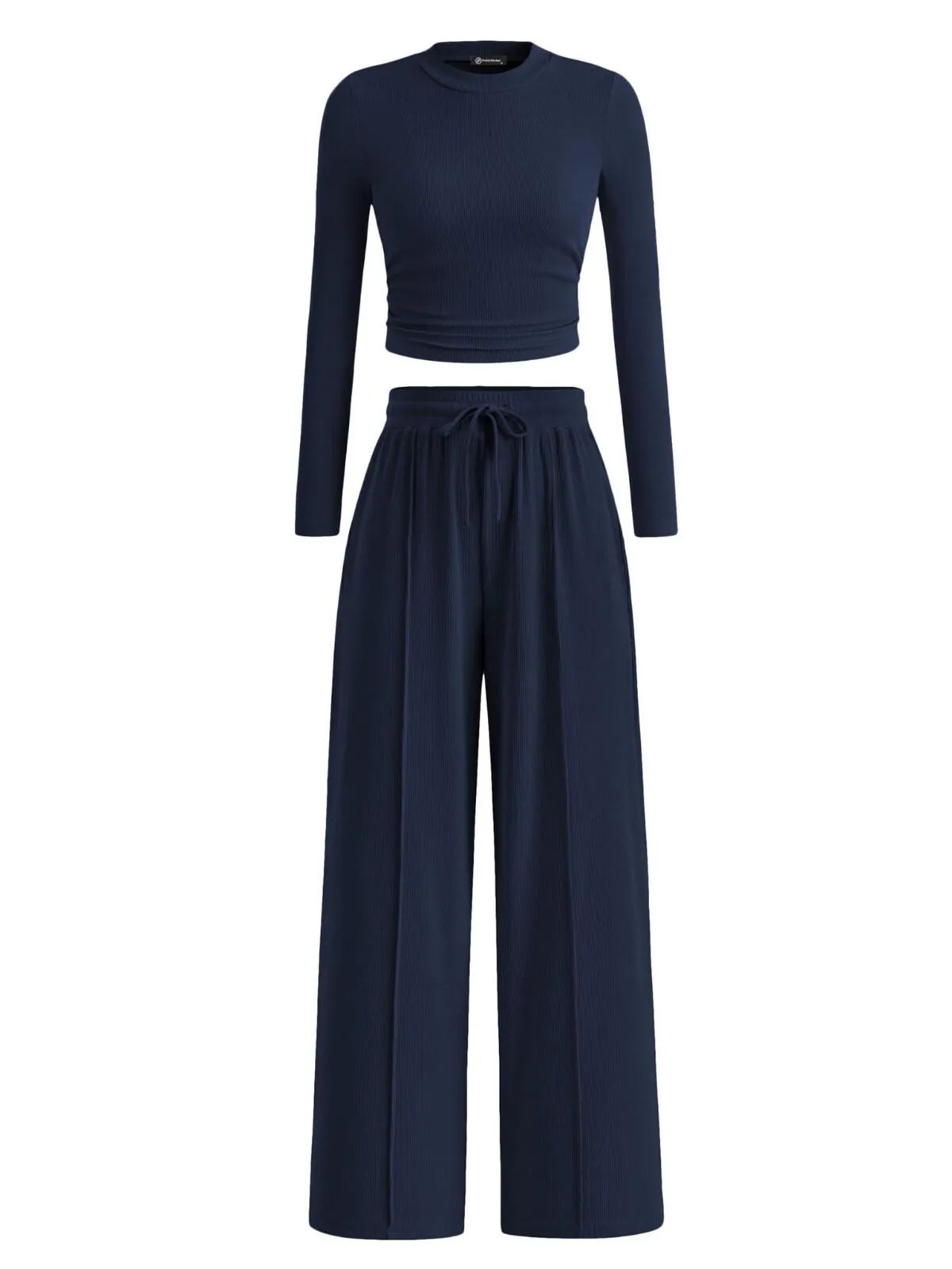 Solid Casual Round Neck Ribbed Knit Long Sleeve Crop T-shirt & Solid Wide Leg Pants, Matching Lounge Set Loungewear