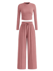 Solid Casual Round Neck Ribbed Knit Long Sleeve Crop T-shirt & Solid Wide Leg Pants, Matching Lounge Set Loungewear
