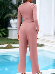 Solid Casual Round Neck Ribbed Knit Long Sleeve Crop T-shirt & Solid Wide Leg Pants, Matching Lounge Set Loungewear