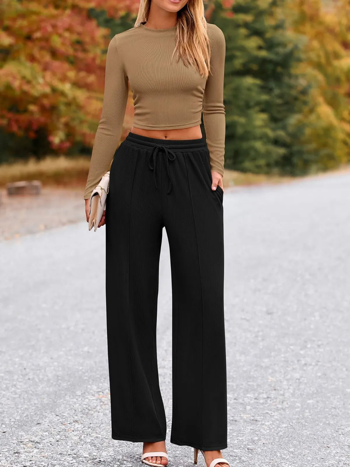 Solid Casual Round Neck Ribbed Knit Long Sleeve Crop T-shirt & Solid Wide Leg Pants, Matching Lounge Set Loungewear