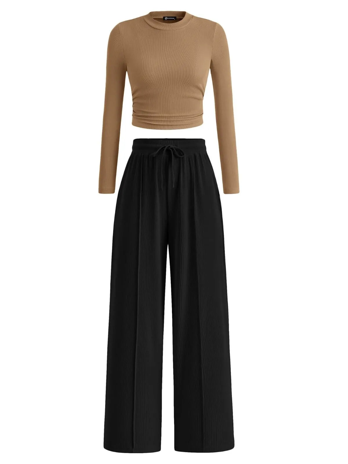 Solid Casual Round Neck Ribbed Knit Long Sleeve Crop T-shirt & Solid Wide Leg Pants, Matching Lounge Set Loungewear