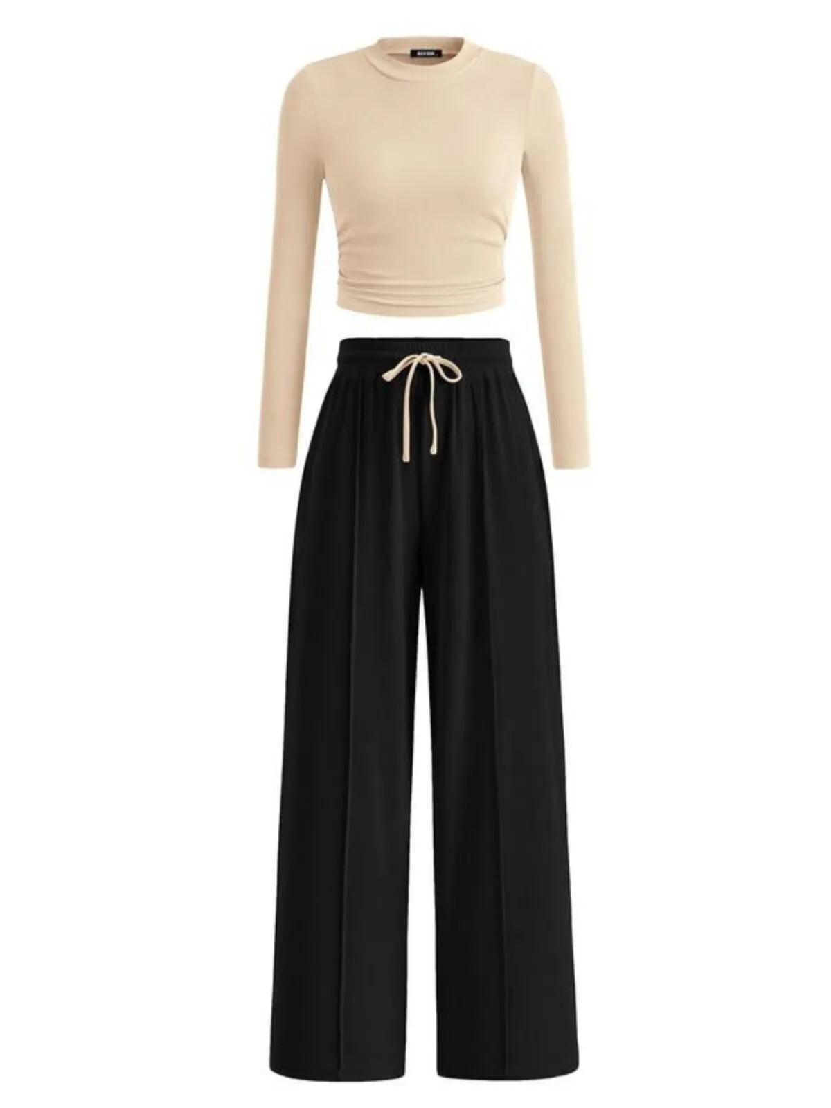 Solid Casual Round Neck Ribbed Knit Long Sleeve Crop T-shirt & Solid Wide Leg Pants, Matching Lounge Set Loungewear