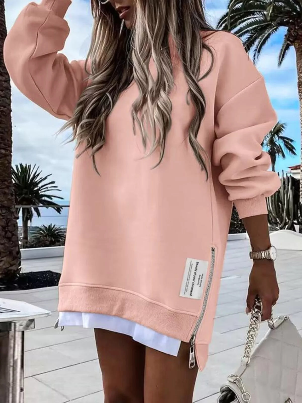 Solid Round Neck Zipper Slit Casual Pullover Drop Shoulder Sweatshirt