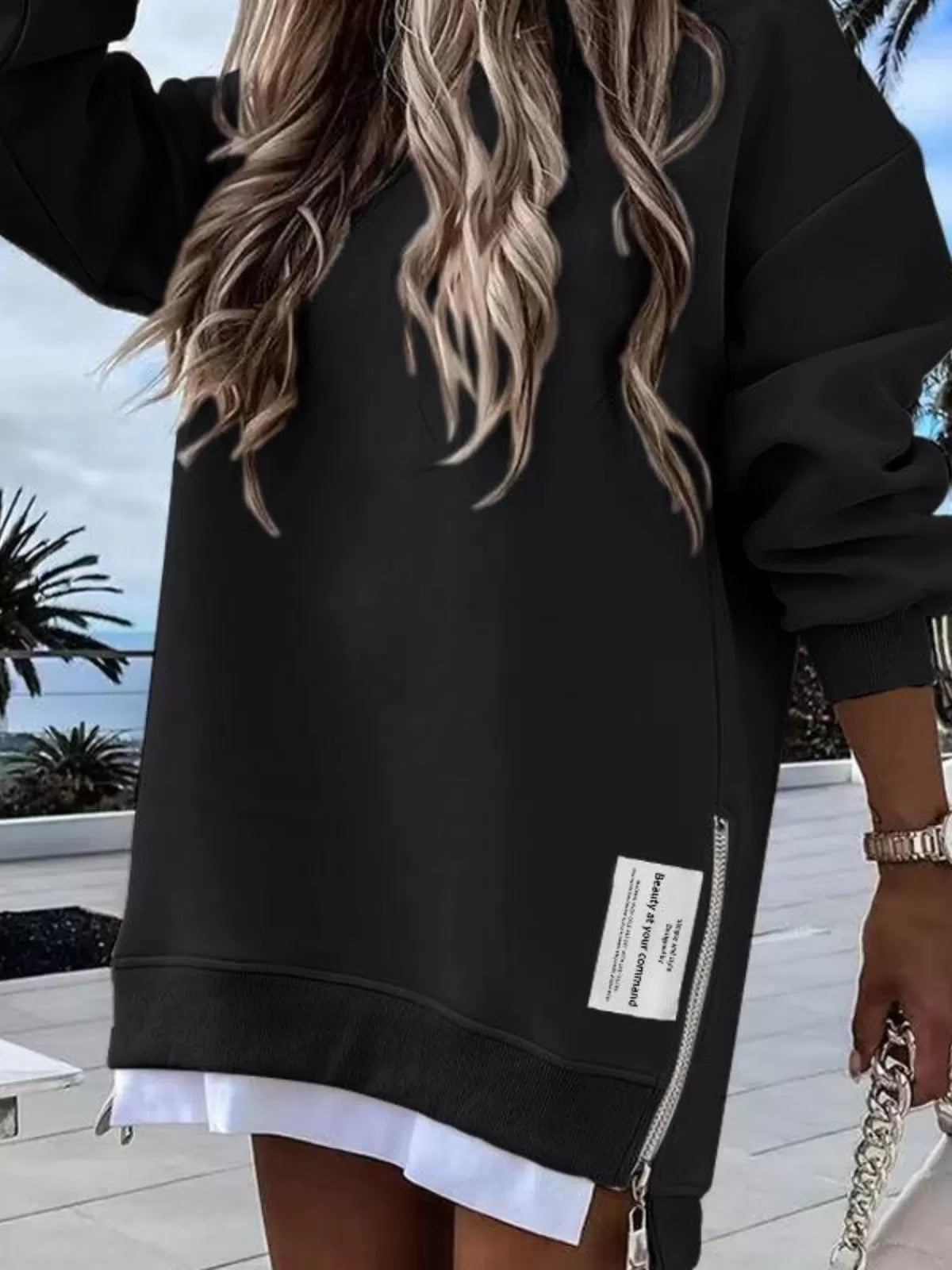 Solid Round Neck Zipper Slit Casual Pullover Drop Shoulder Sweatshirt