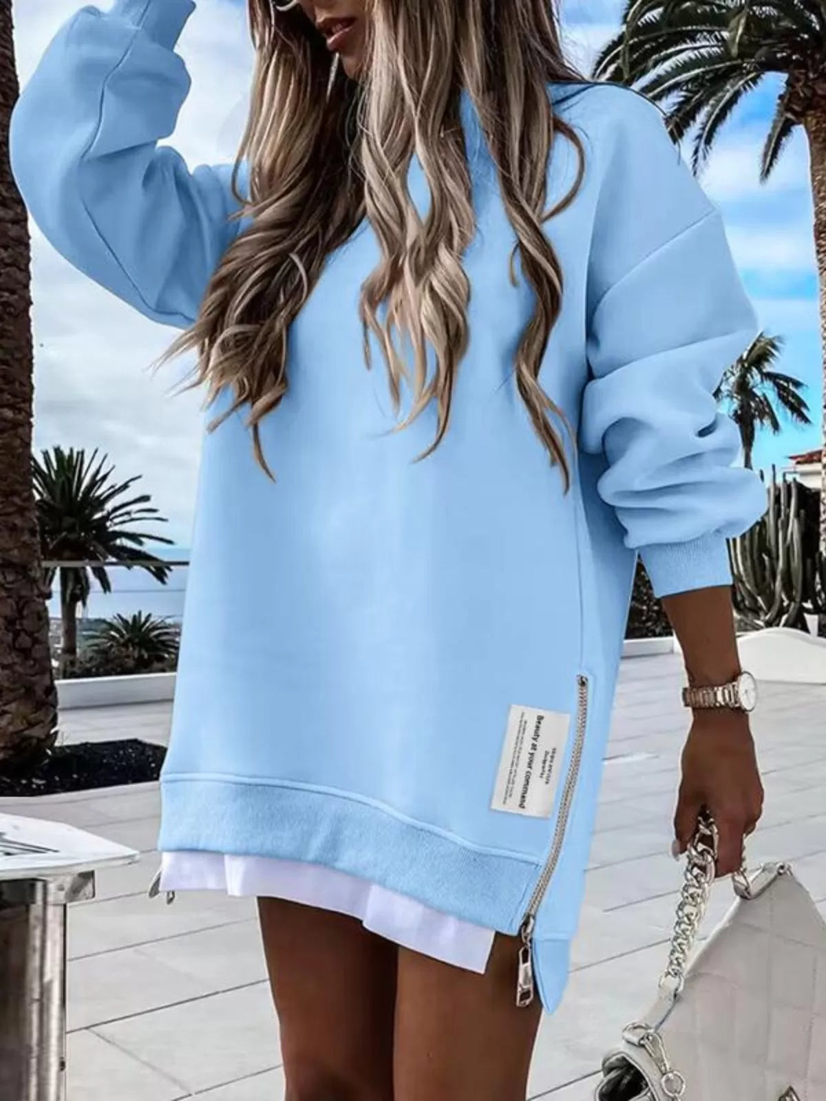 Solid Round Neck Zipper Slit Casual Pullover Drop Shoulder Sweatshirt
