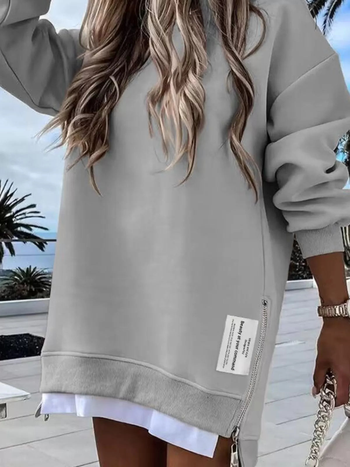 Solid Round Neck Zipper Slit Casual Pullover Drop Shoulder Sweatshirt