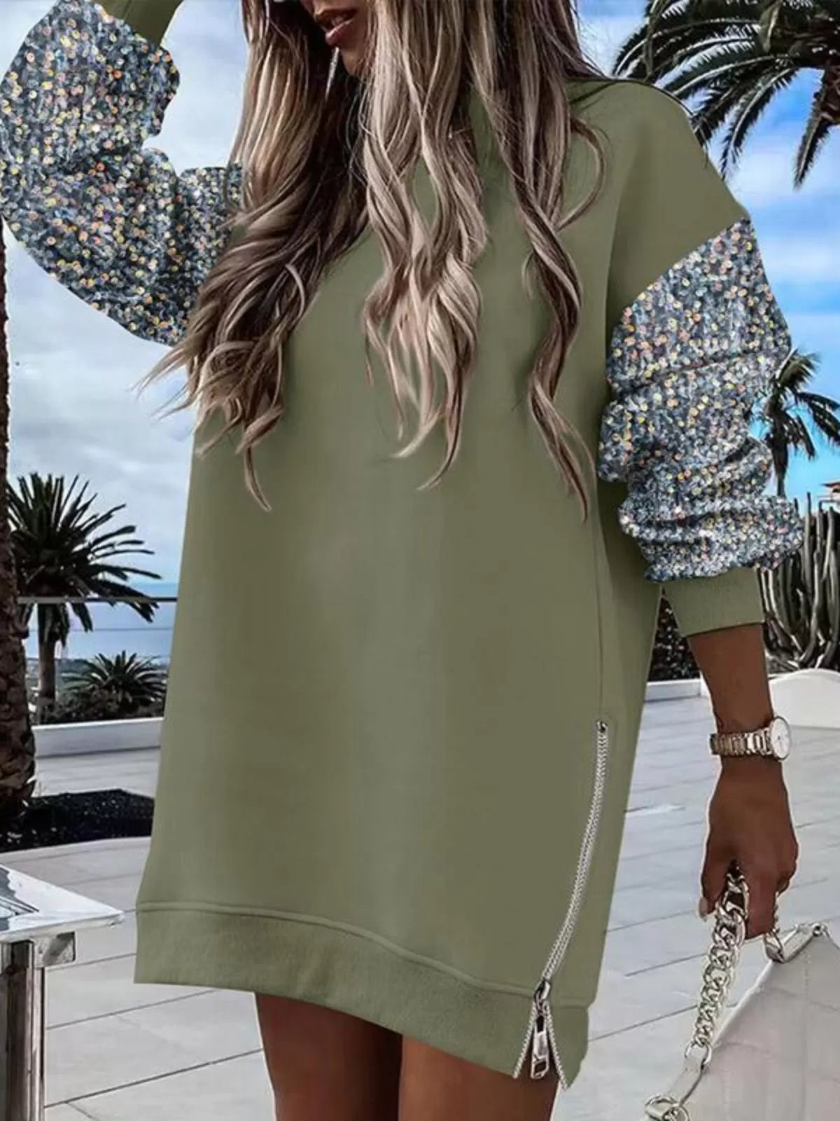 Solid Round Neck Zipper Slit Casual Pullover Drop Shoulder Sweatshirt