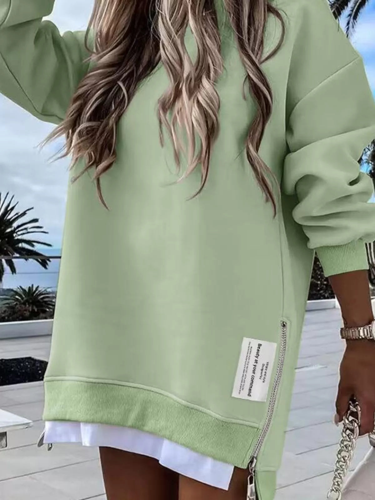 Solid Round Neck Zipper Slit Casual Pullover Drop Shoulder Sweatshirt