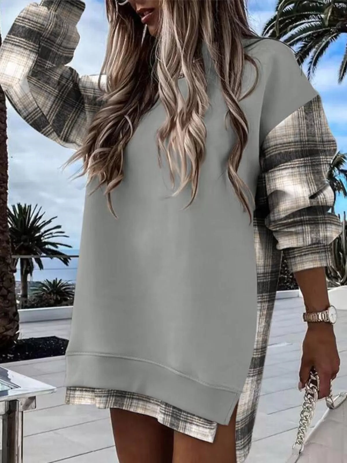 Solid Round Neck Zipper Slit Casual Pullover Drop Shoulder Sweatshirt
