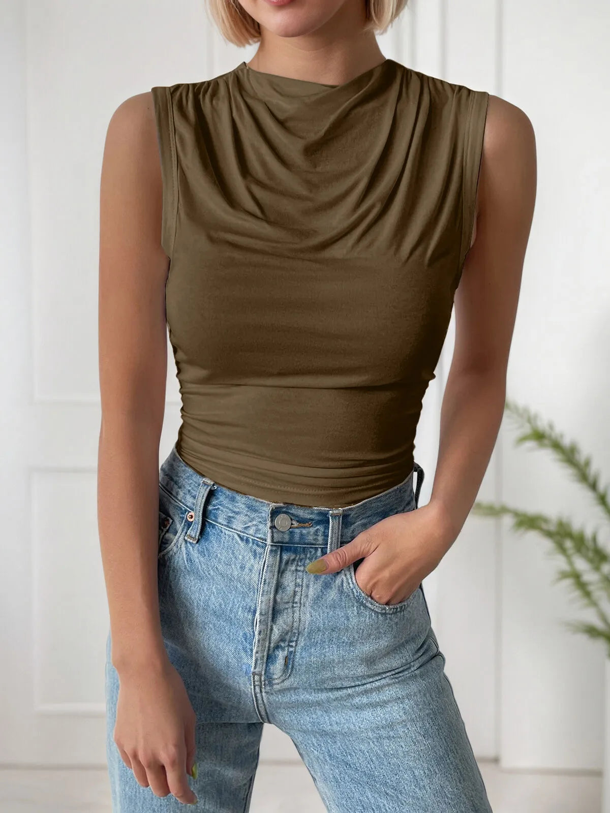 Solid Ruched Cowl Tank