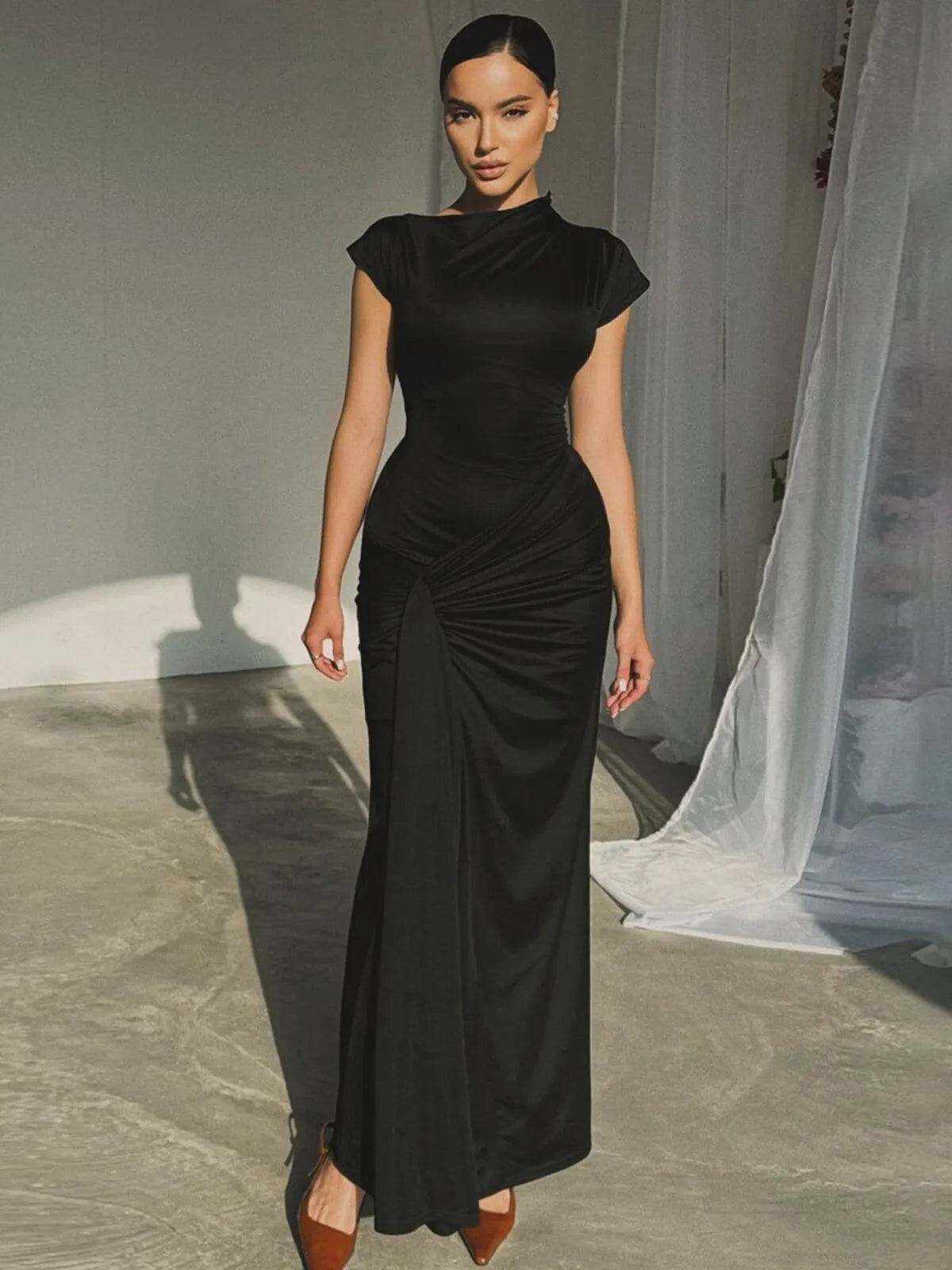Casual Short Sleeve Boat Neck Ruched High Split Bodycon Long Party Dress