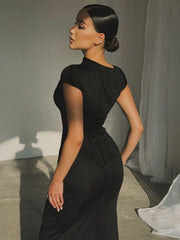Casual Short Sleeve Boat Neck Ruched High Split Bodycon Long Party Dress