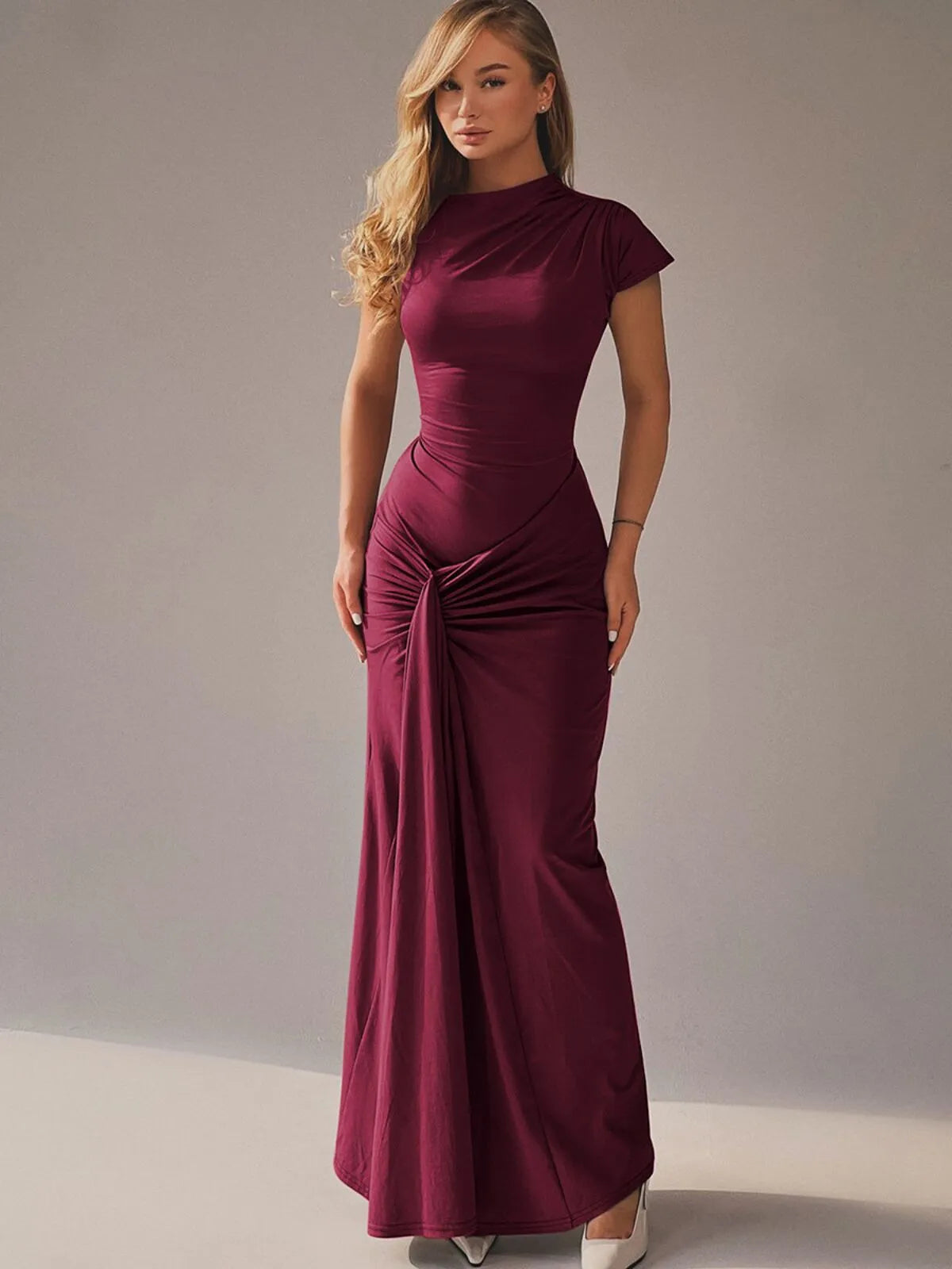 Casual Short Sleeve Boat Neck Ruched High Split Bodycon Long Party Dress