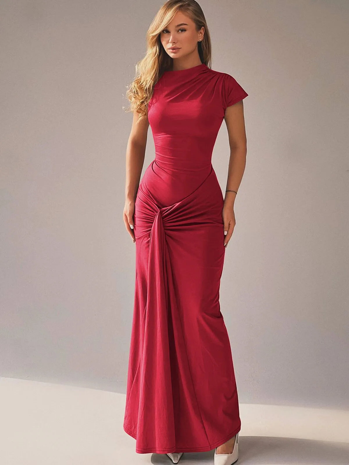Casual Short Sleeve Boat Neck Ruched High Split Bodycon Long Party Dress