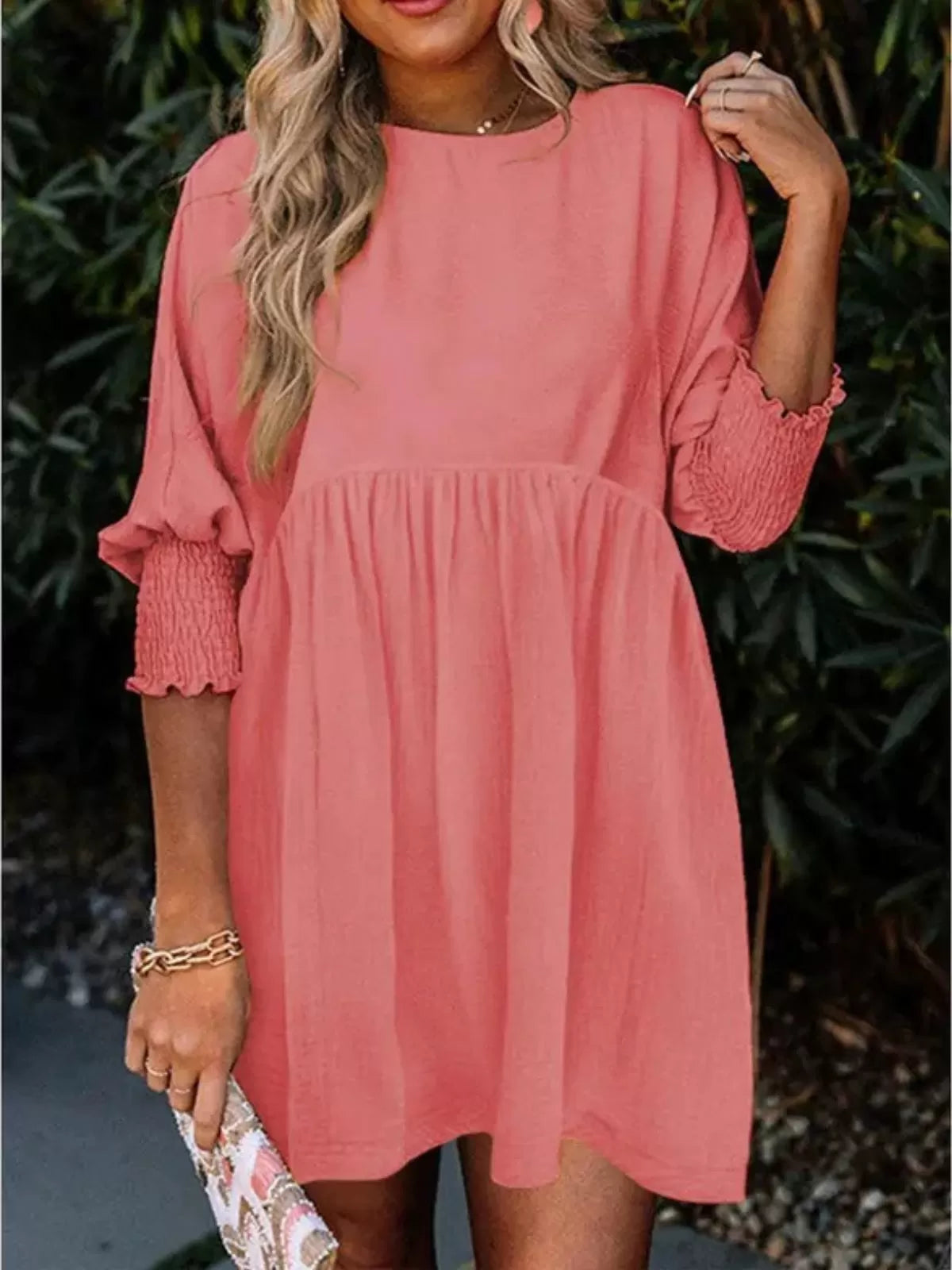 Solid Casual Loose Fit Short Sleeve Ruched Round Neck A-line Dress