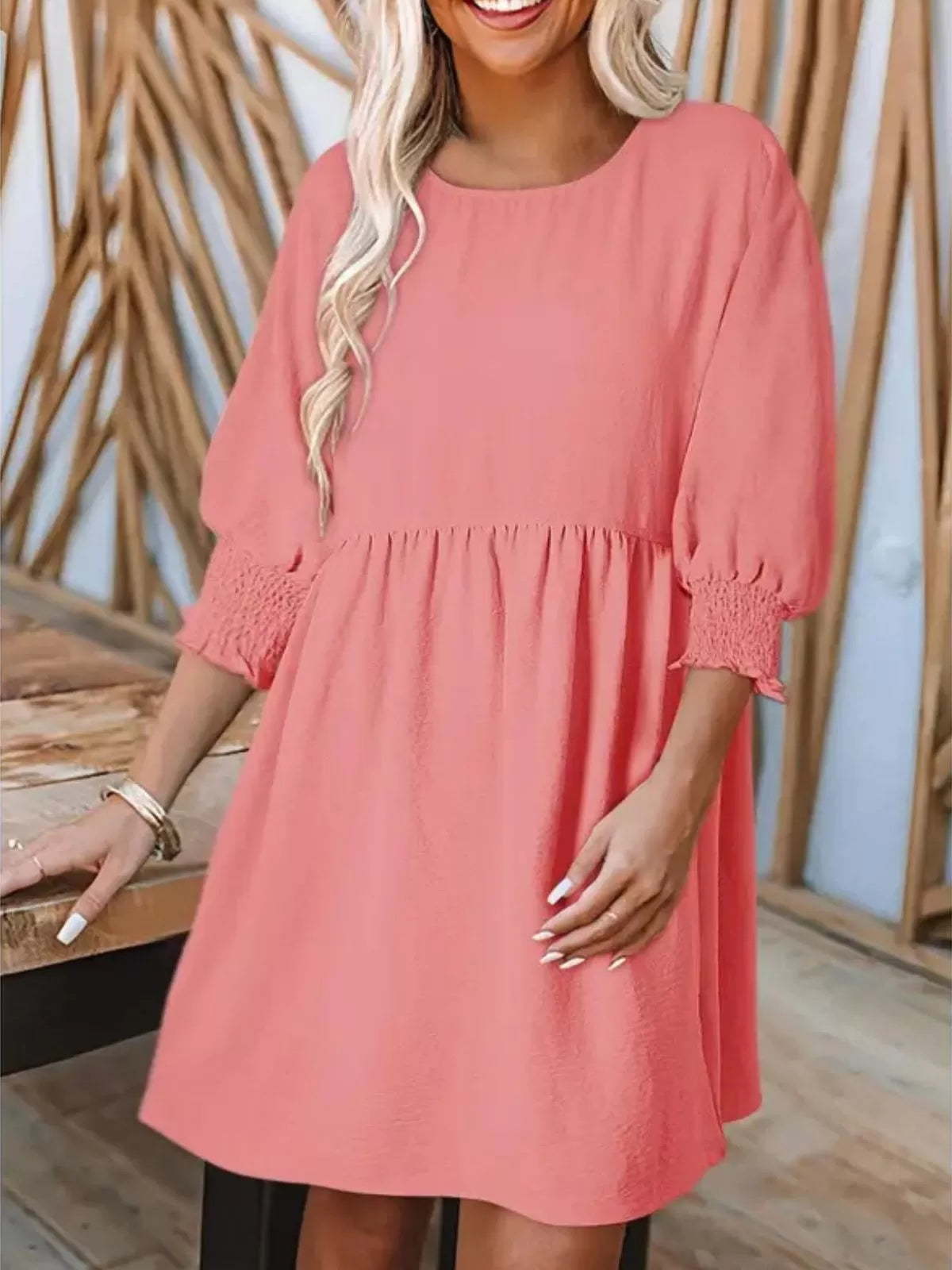 Solid Casual Loose Fit Short Sleeve Ruched Round Neck A-line Dress