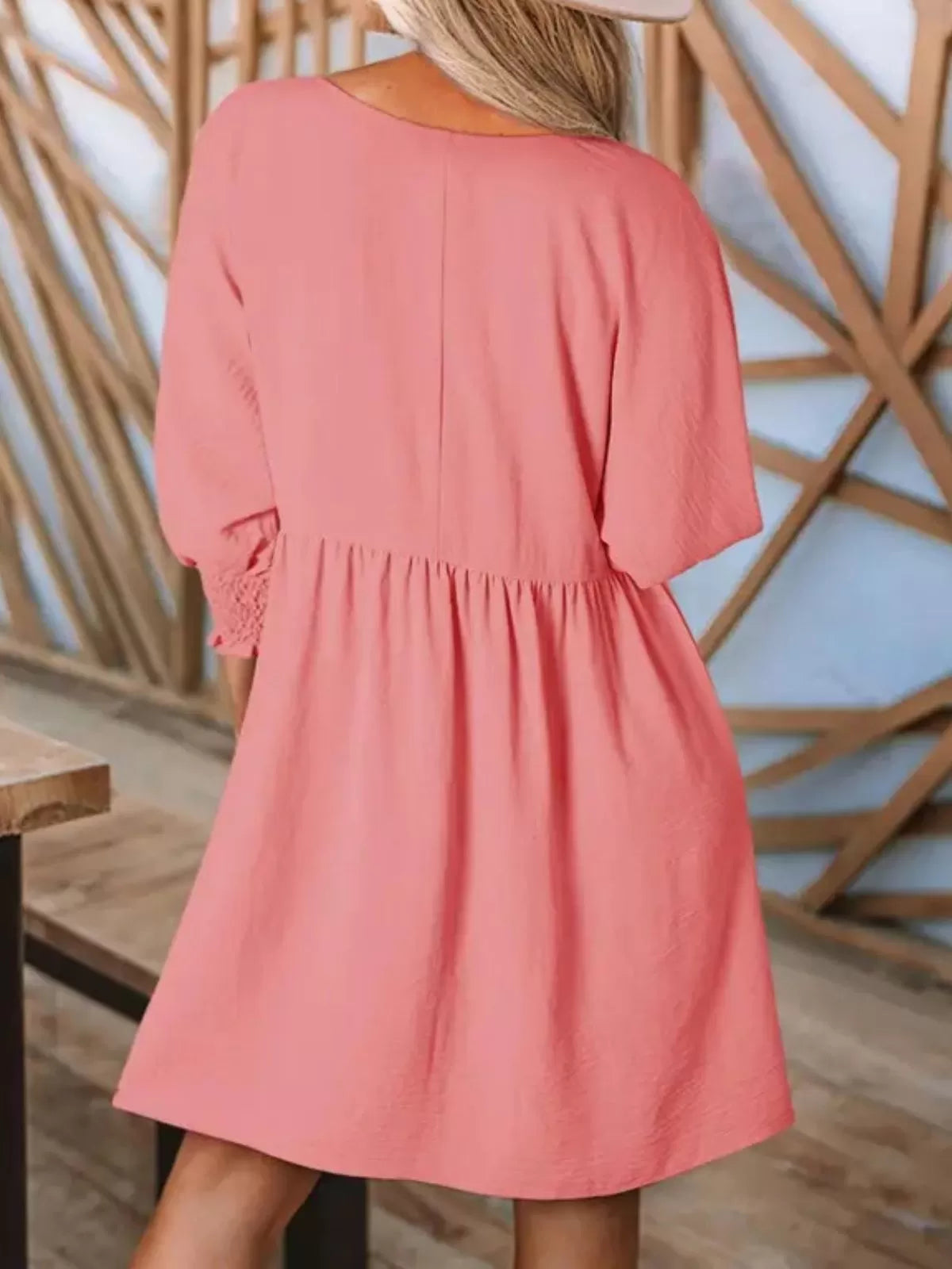 Solid Casual Loose Fit Short Sleeve Ruched Round Neck A-line Dress