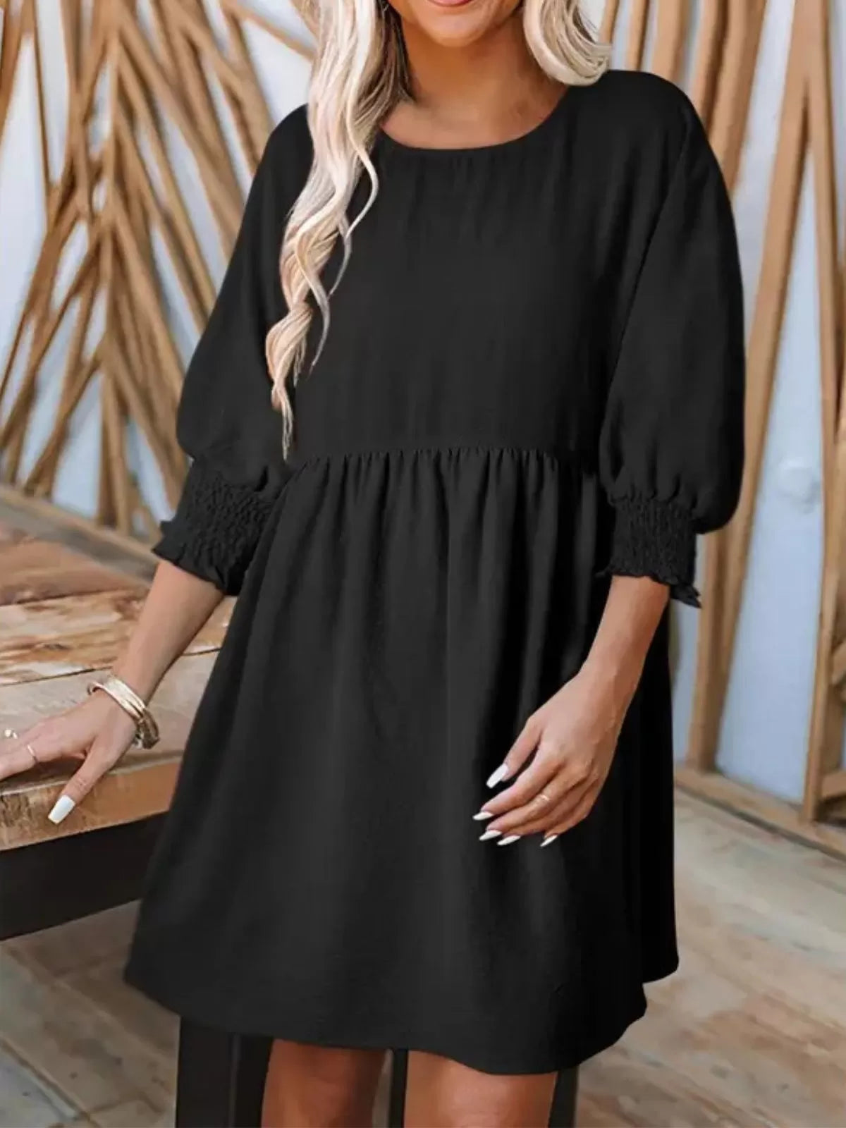 Solid Casual Loose Fit Short Sleeve Ruched Round Neck A-line Dress