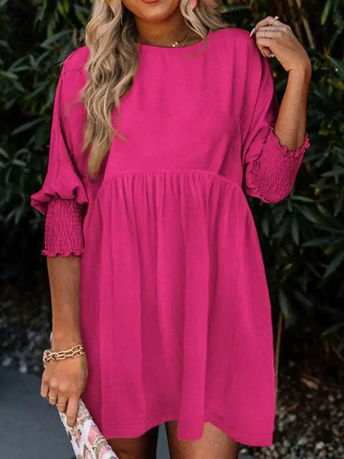 Solid Casual Loose Fit Short Sleeve Ruched Round Neck A-line Dress