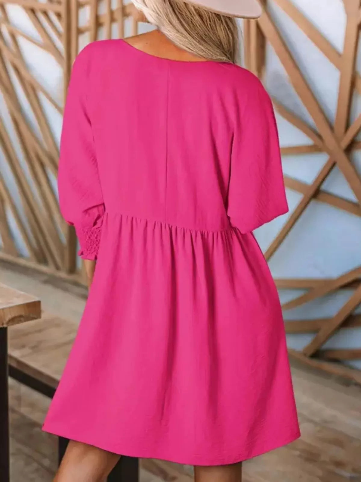 Solid Casual Loose Fit Short Sleeve Ruched Round Neck A-line Dress