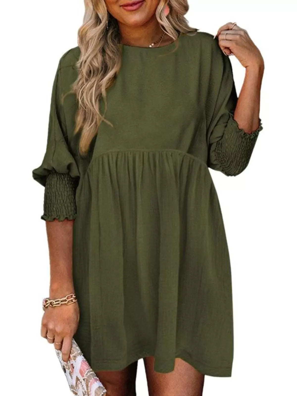 Solid Casual Loose Fit Short Sleeve Ruched Round Neck A-line Dress