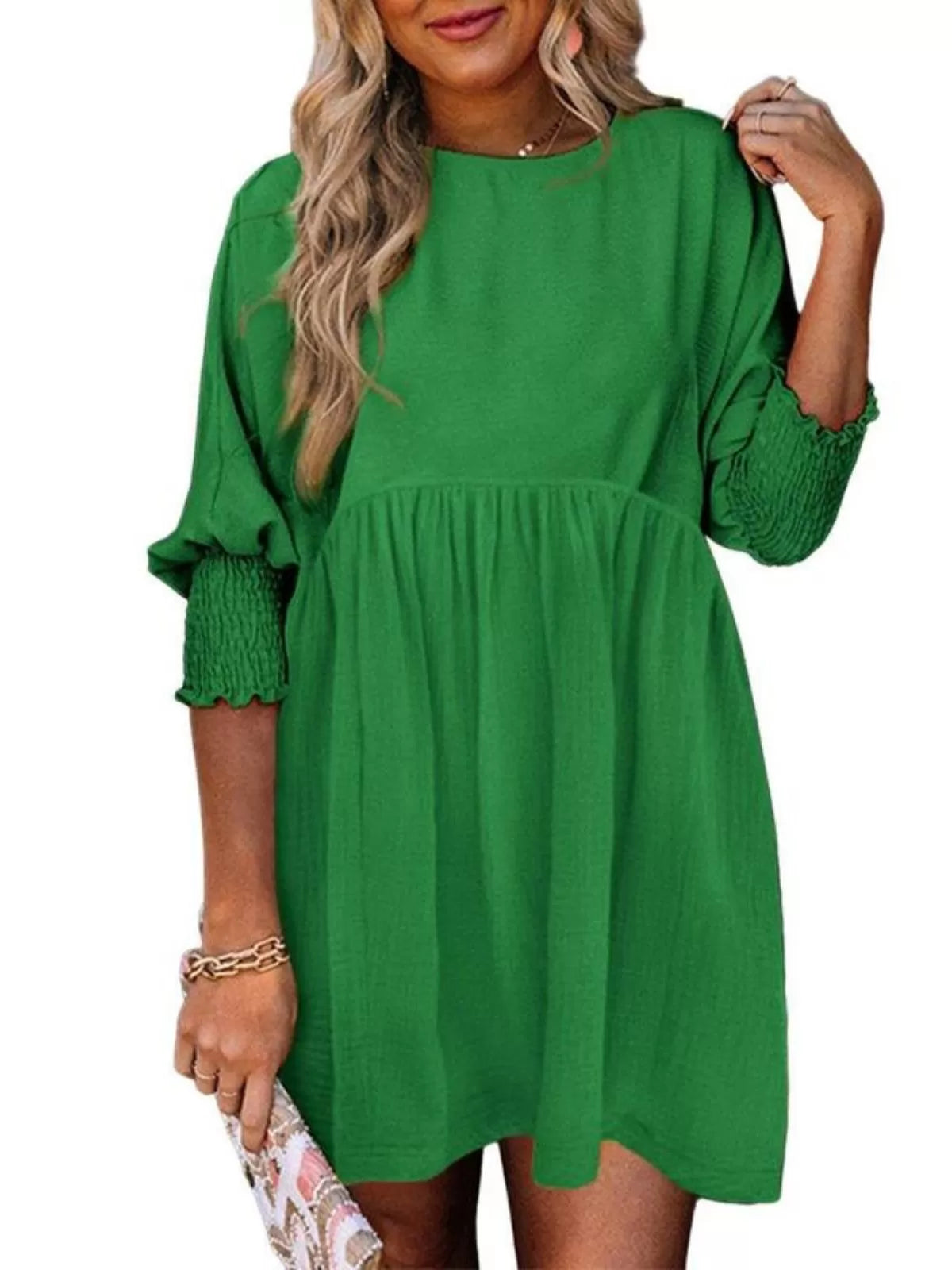 Solid Casual Loose Fit Short Sleeve Ruched Round Neck A-line Dress