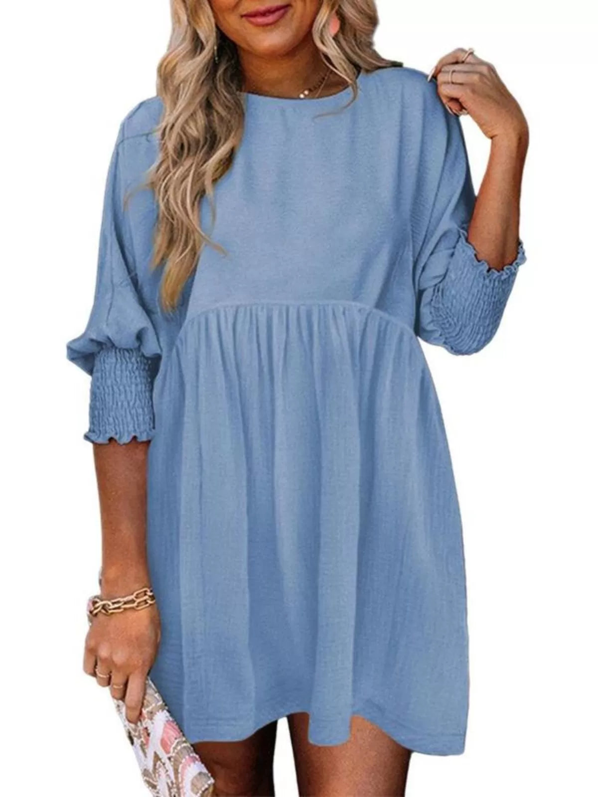 Solid Casual Loose Fit Short Sleeve Ruched Round Neck A-line Dress