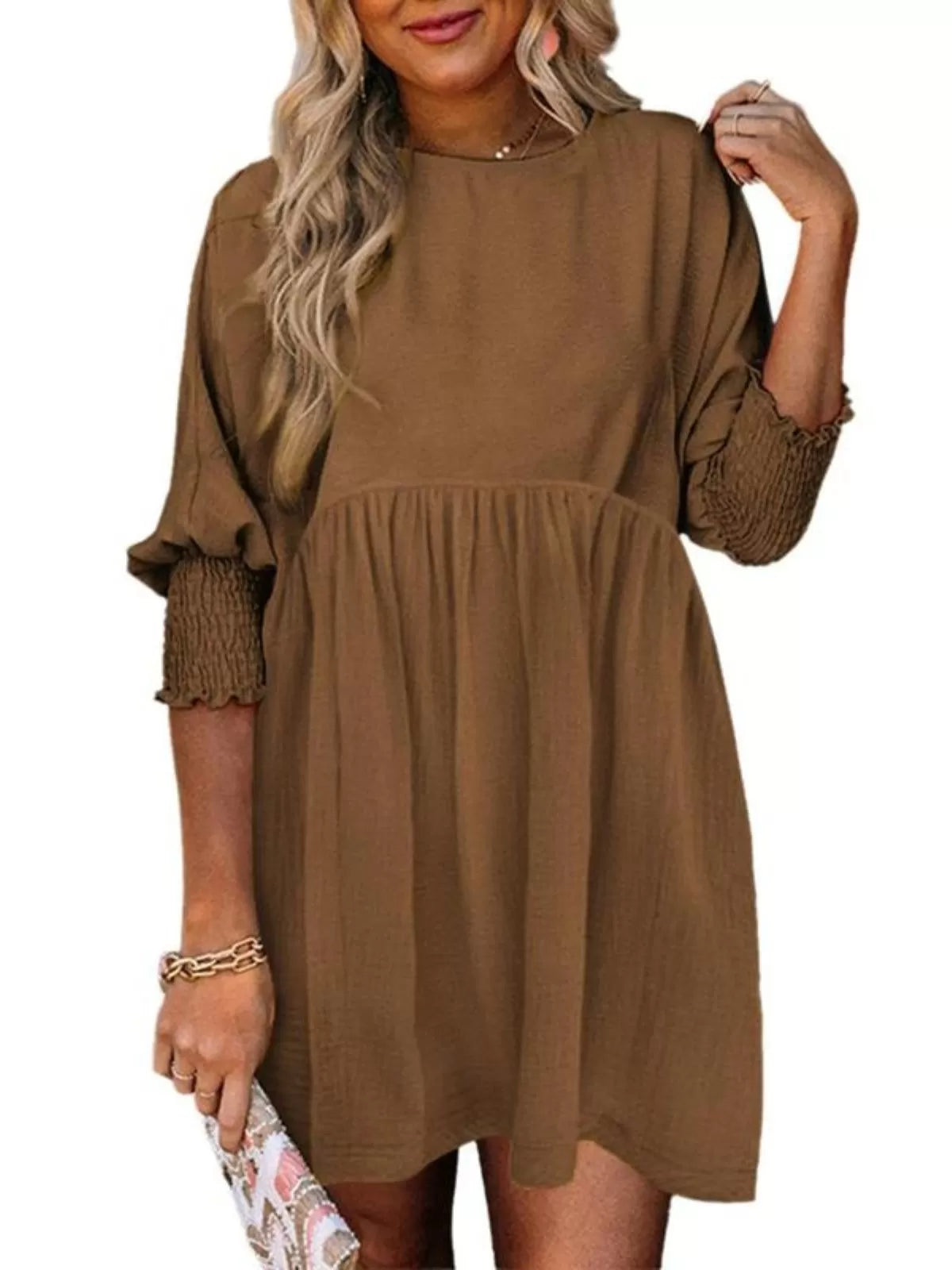 Solid Casual Loose Fit Short Sleeve Ruched Round Neck A-line Dress