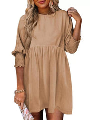 Solid Casual Loose Fit Short Sleeve Ruched Round Neck A-line Dress