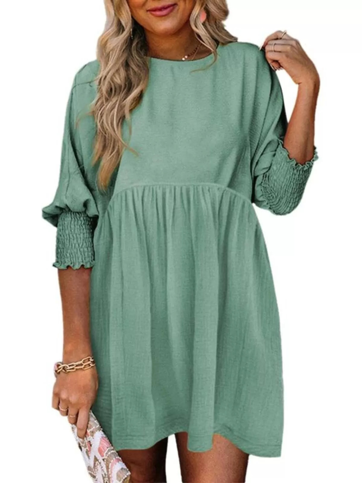 Solid Casual Loose Fit Short Sleeve Ruched Round Neck A-line Dress