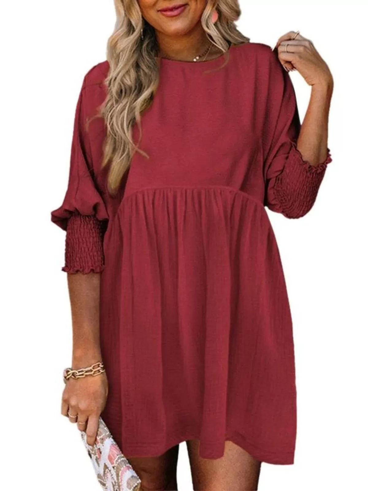 Solid Casual Loose Fit Short Sleeve Ruched Round Neck A-line Dress