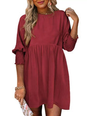 Solid Casual Loose Fit Short Sleeve Ruched Round Neck A-line Dress