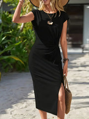 Solid Ruched Round Neck Cap Sleeve Fitted Slit Dress