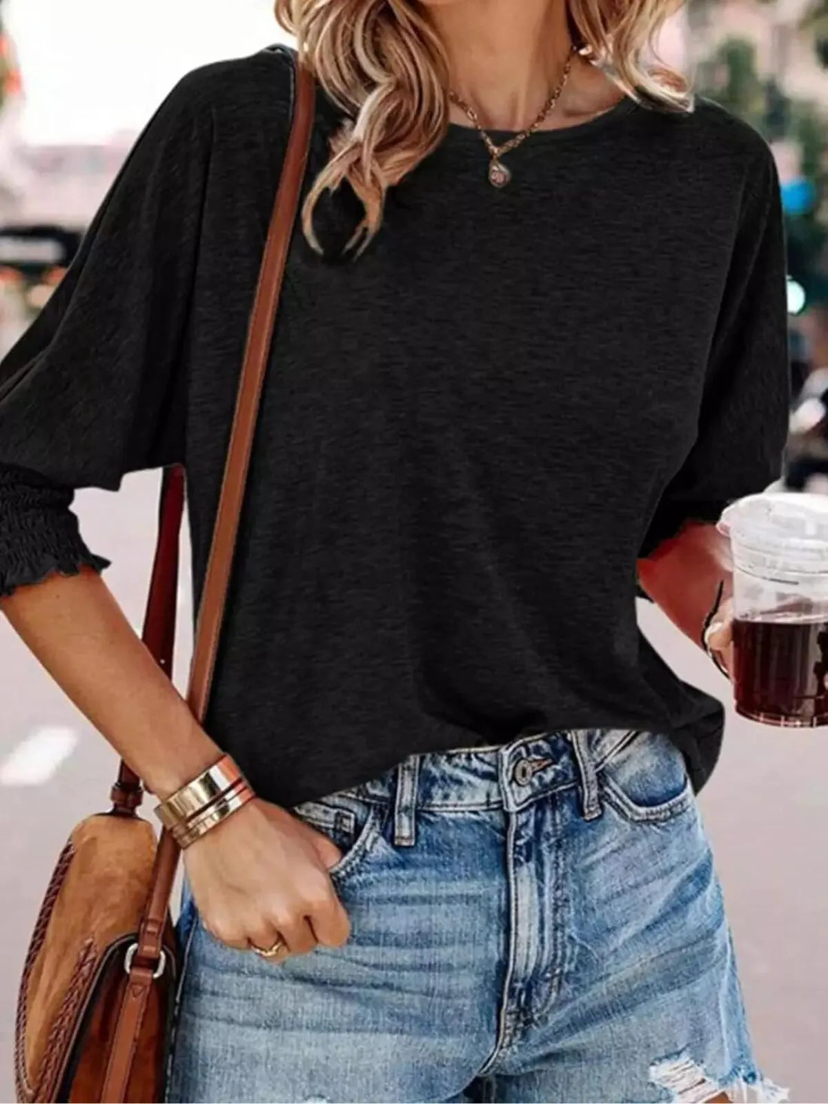 Solid Ruched Round Neck Super Soft Basic T-shirt