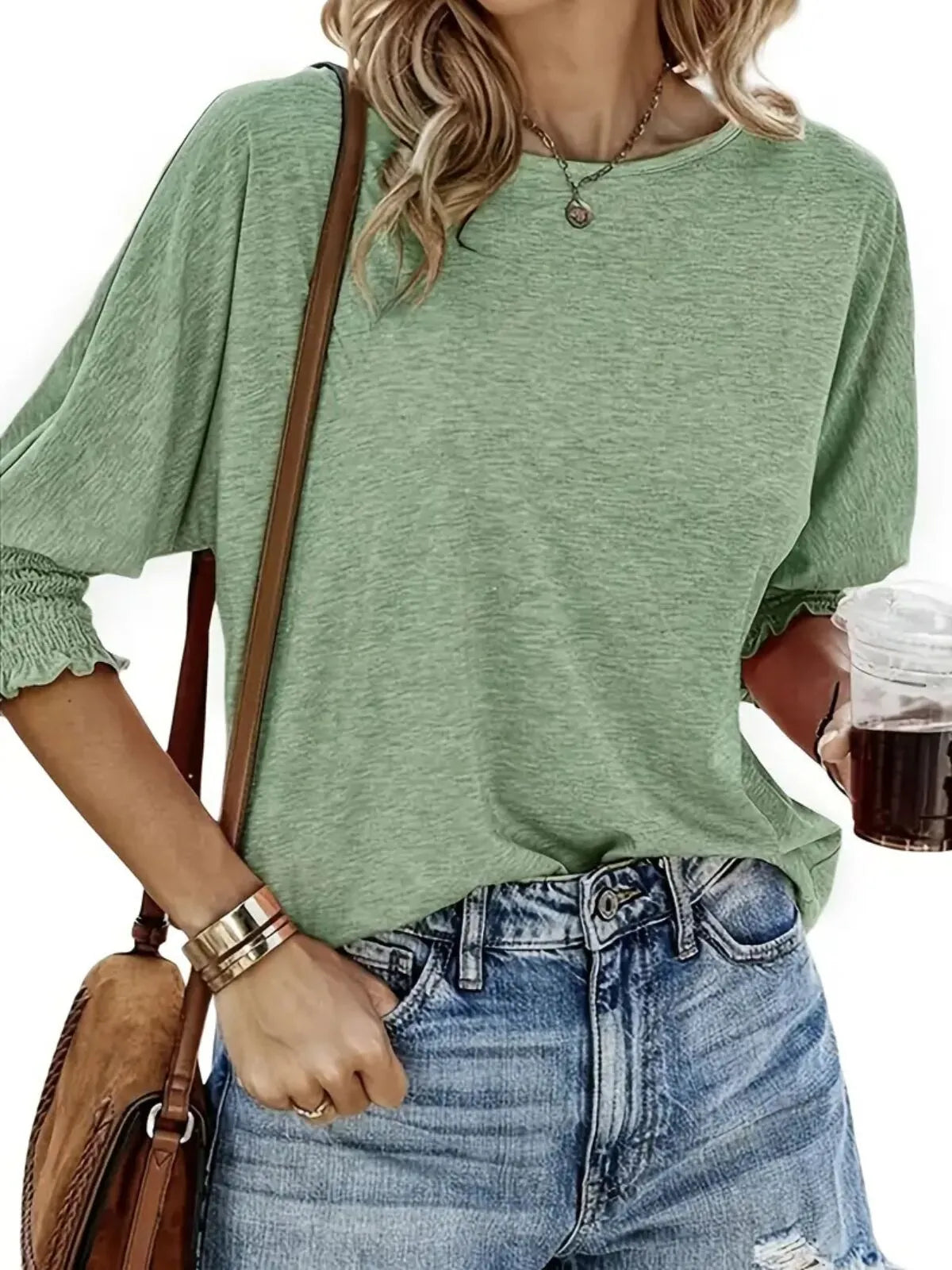 Solid Ruched Round Neck Super Soft Basic T-shirt
