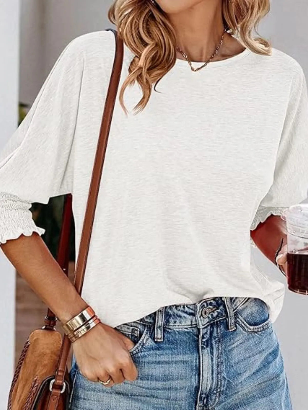 Solid Ruched Round Neck Super Soft Basic T-shirt