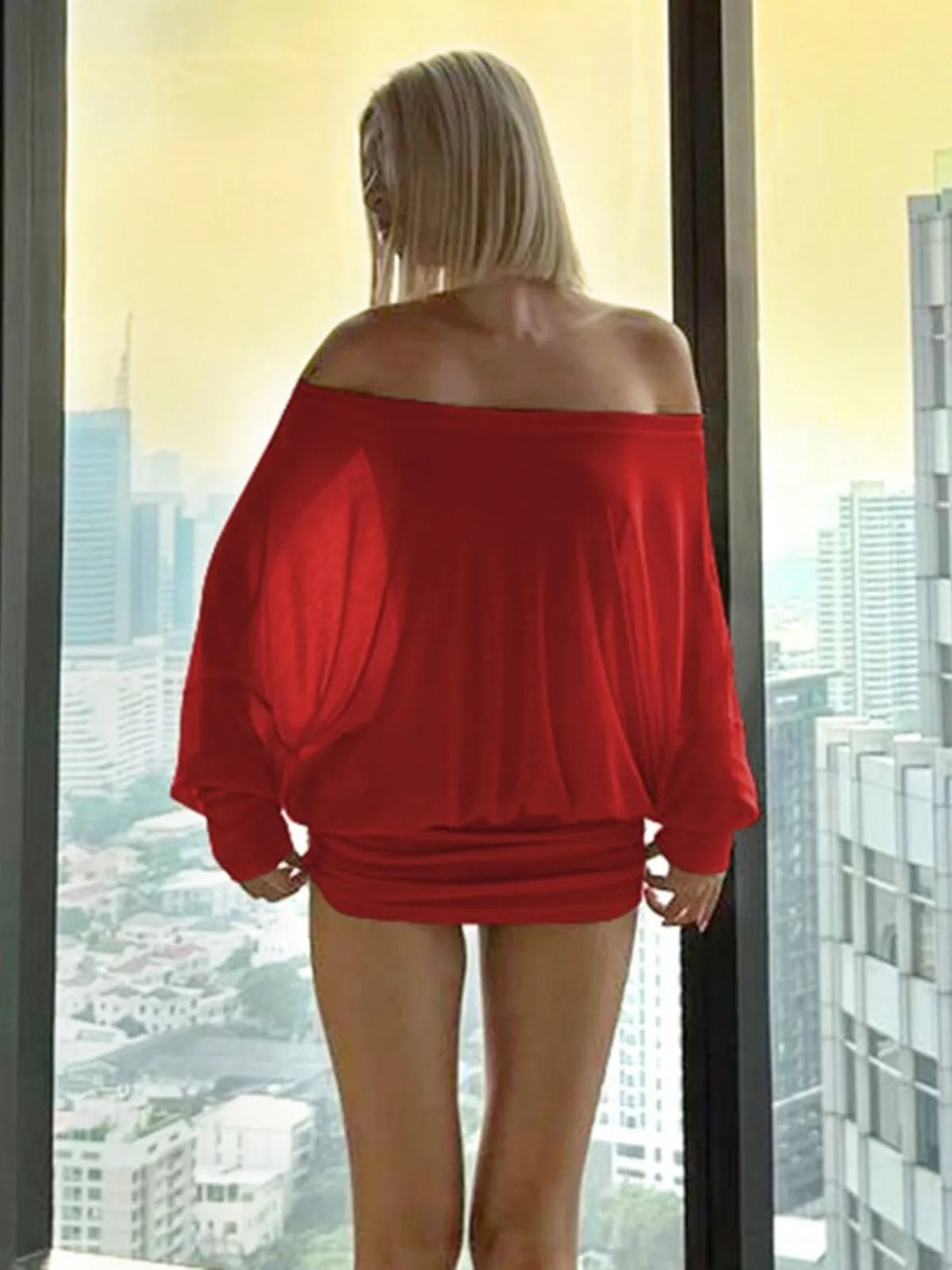 Solid Ruched Off Shoulder Long Sleeve Mini Dress