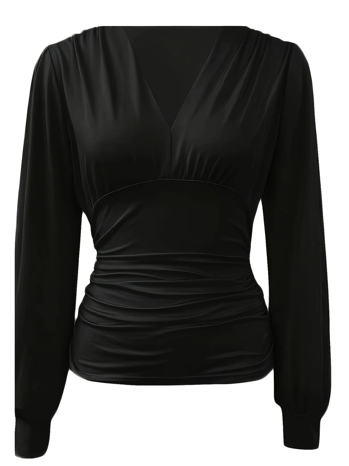 Solid Ruched V-neck Lantern Blouse for Daily Wear