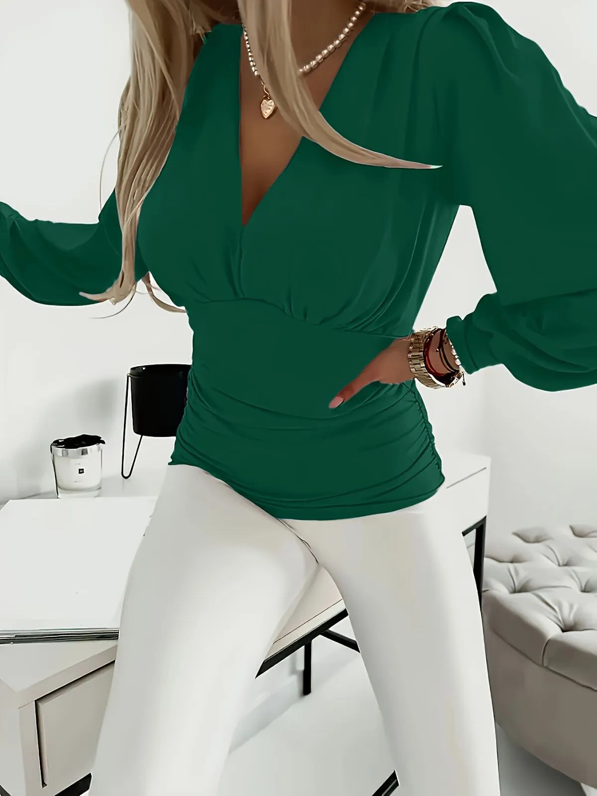 Solid Ruched V-neck Lantern Blouse for Daily Wear