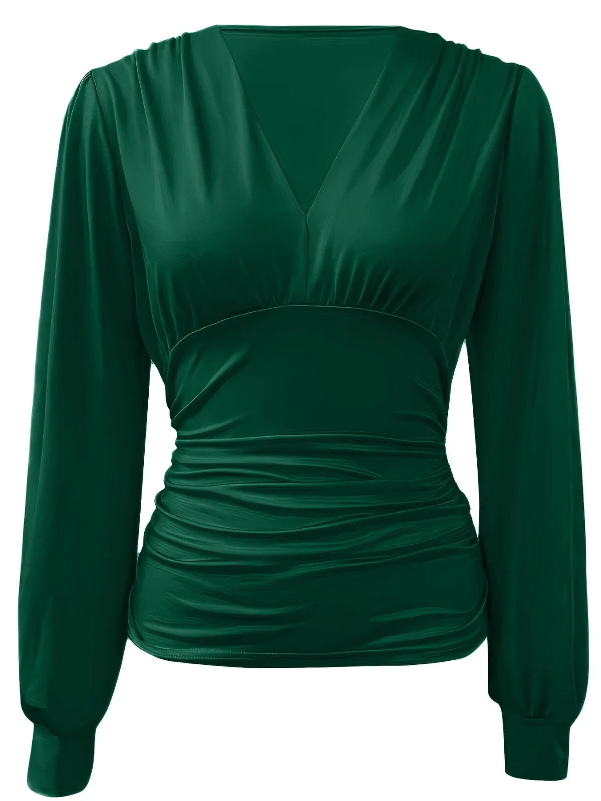 Solid Ruched V-neck Lantern Blouse for Daily Wear