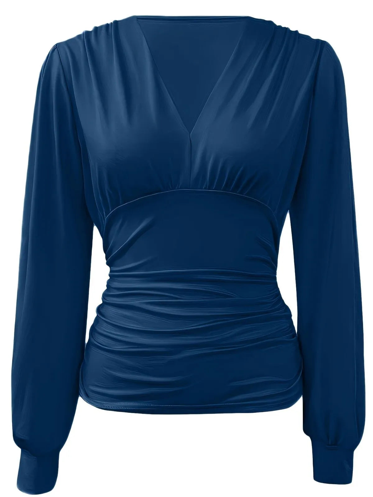 Solid Ruched V-neck Lantern Blouse for Daily Wear