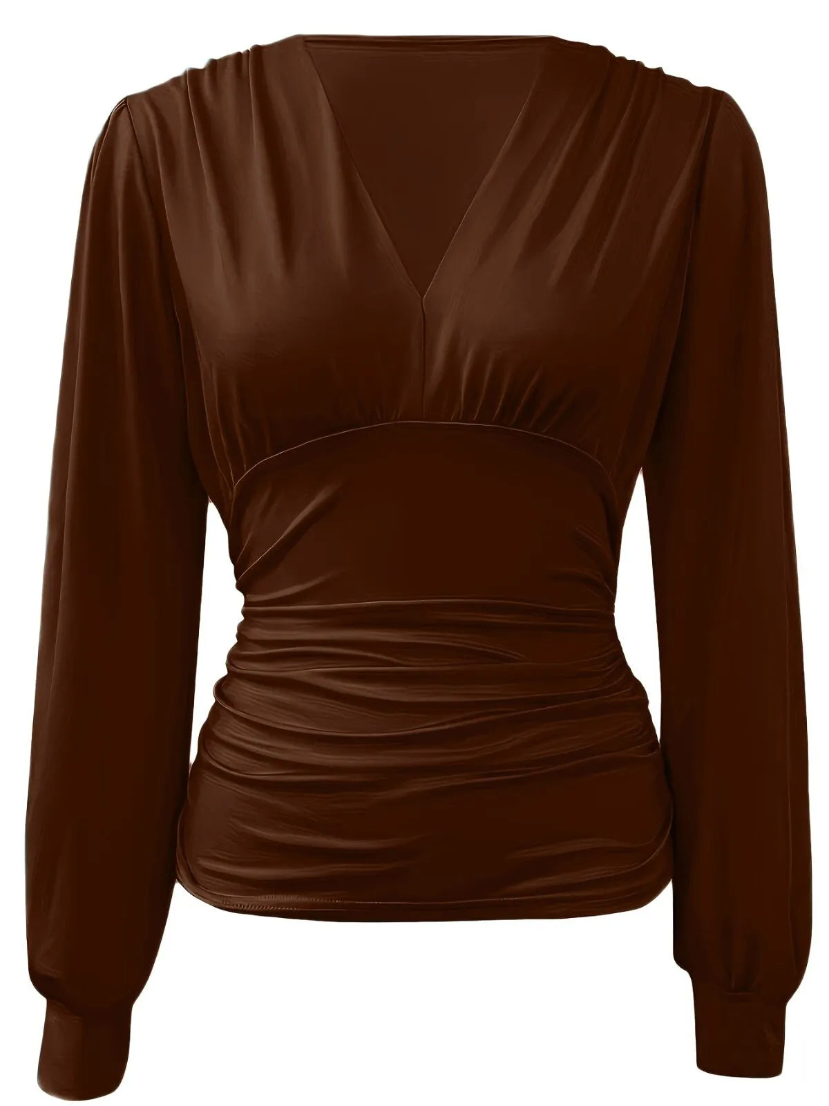Solid Ruched V-neck Lantern Blouse for Daily Wear