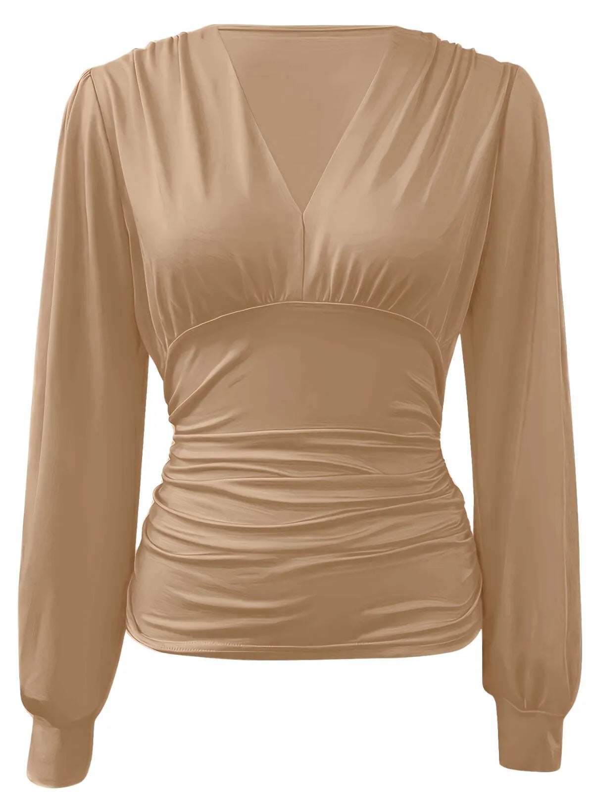 Solid Ruched V-neck Lantern Blouse for Daily Wear