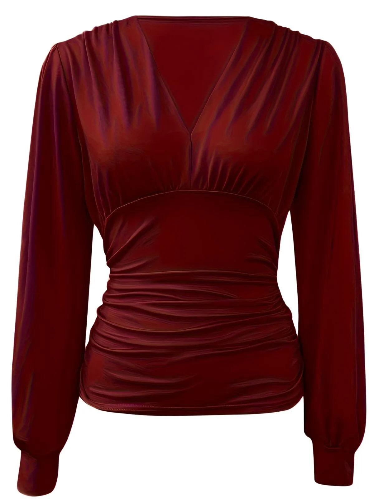 Solid Ruched V-neck Lantern Blouse for Daily Wear