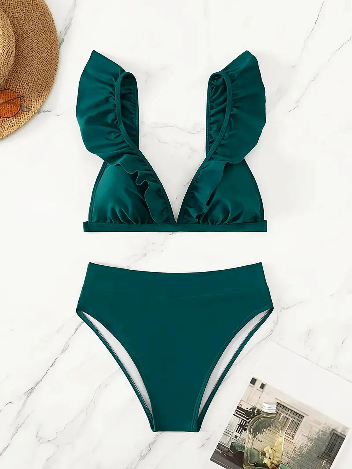 Solid Ruffles Spaghetti Strap Bikini