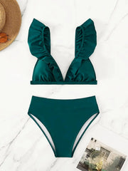 Solid Ruffles Spaghetti Strap Bikini