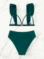 Solid Ruffles Spaghetti Strap Bikini